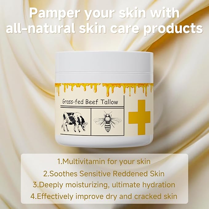 Beef Tallow for Skin, Beef Tallow, Tallow and Honey Cream, Grass Fed Beef Tallow, Whipped Beef Tallow for Face Moisturizer for All Purpose with Raw Honey Tallow Balm, 2 packs