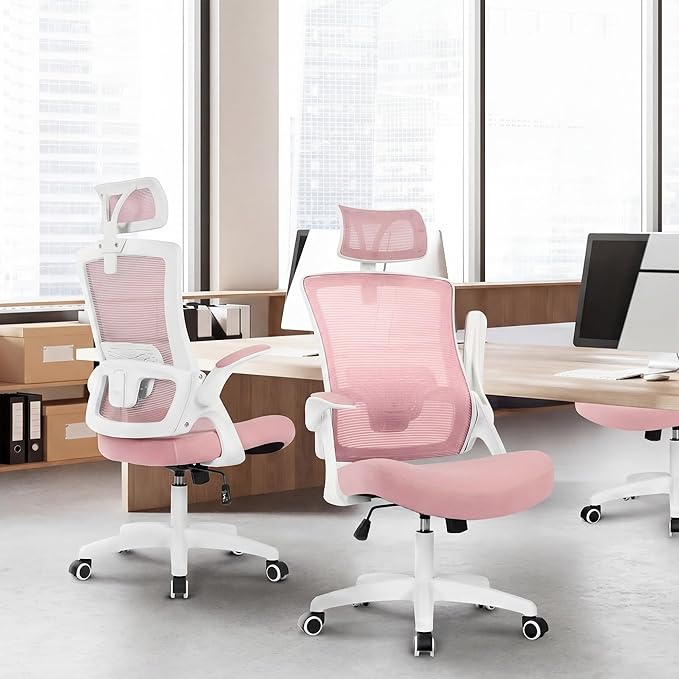 NEO Chair Office Desk Chair Computer High Back Mesh Gaming Seat with Ergonomic Adjustable Comfy Flip-up Armrests Lumbar Support Height for Home (Headrest Pink)