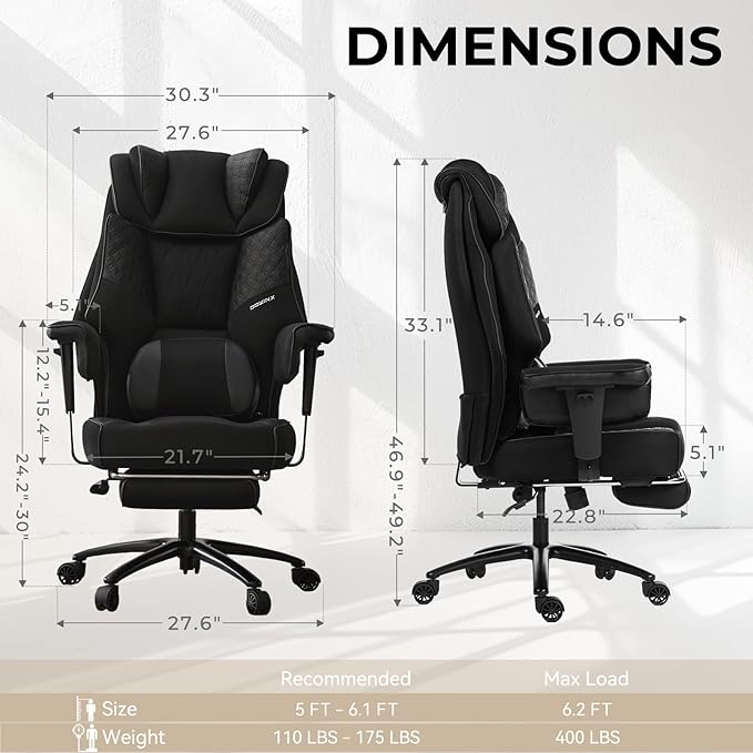 Dowinx Big and Tall Office Chair with Massage Lumbar Support,Executive Office Chair with Wide Thick Seat Cushion and Adjustable Armrest,Mesh Computer Gaming Chairs with Footrest (Black)