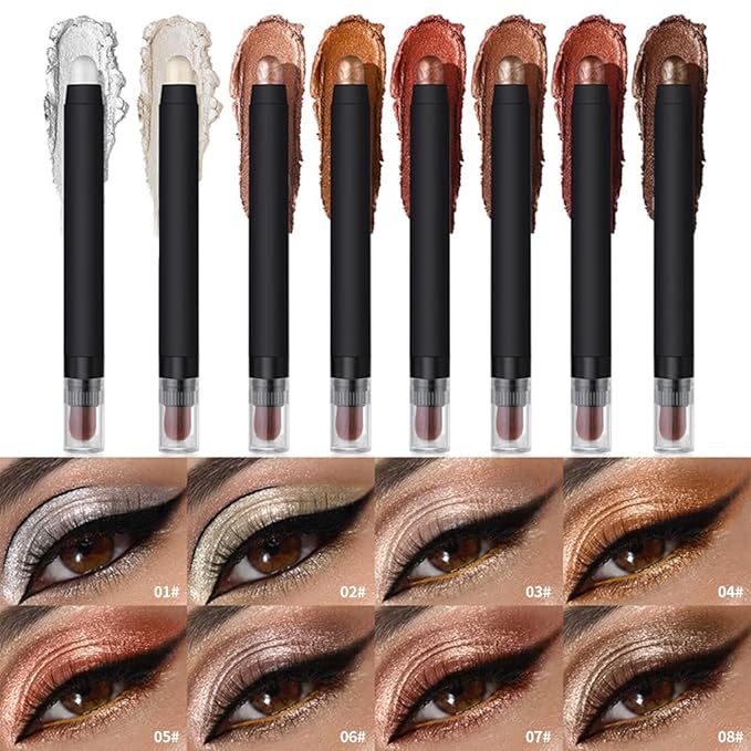 Shimmer Eyeshadow Stick –Warm Amber Dual-Ended Creamy Pearl Eye Shadow Pencil with Built-In Smudger, Waterproof Long-Lasting High Pigment Eye Makeup for Smooth Glide 05#