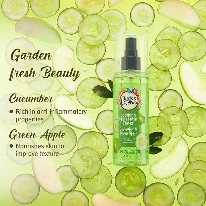 Cucumber and Green Apple Calming Facial Mist Toner - Instant Freshness, Shrinks Pores | Normal to Oily Skin | 200ml | Alcohol-Free, Paraben-Free