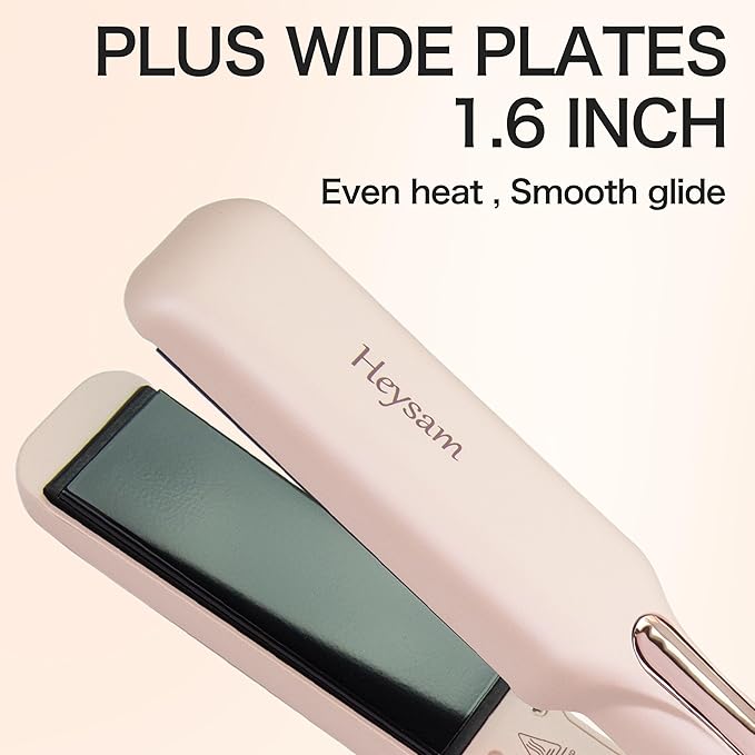 Heysam Flat Iron Hair Straightener and Curler 2 in 1, Travel Portable Dual Voltage Hair Irons for Thick Hair, Wide Ionic Straightener 1.6-Inch, 30S Fast Heating, LCD Display, Smooth & Frizzy, Pink