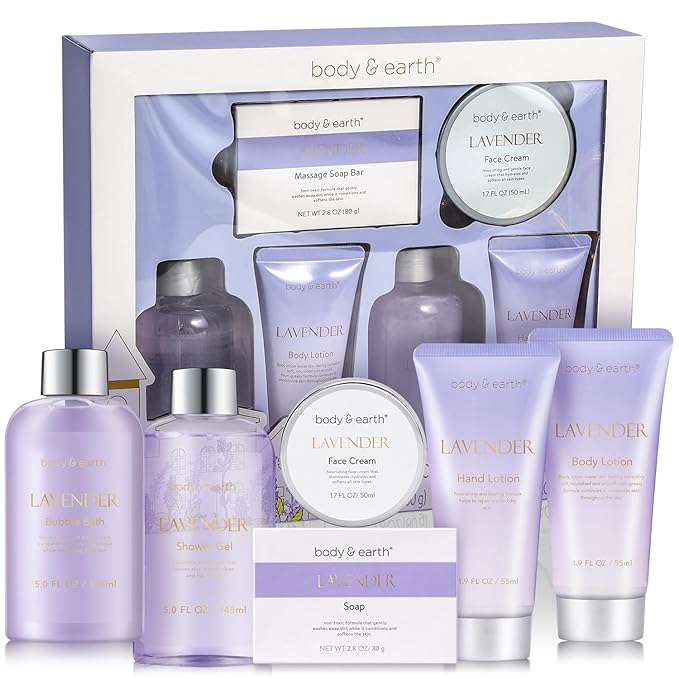 BODY & EARTH Bath and Body Gift Set - 6 Pcs Lavender Bath Kit for Women Spa Set, Perfect Birthday, Mother's Day Gift Set for Women Includes Bubble Bath, Shower Gel, Body Lotion