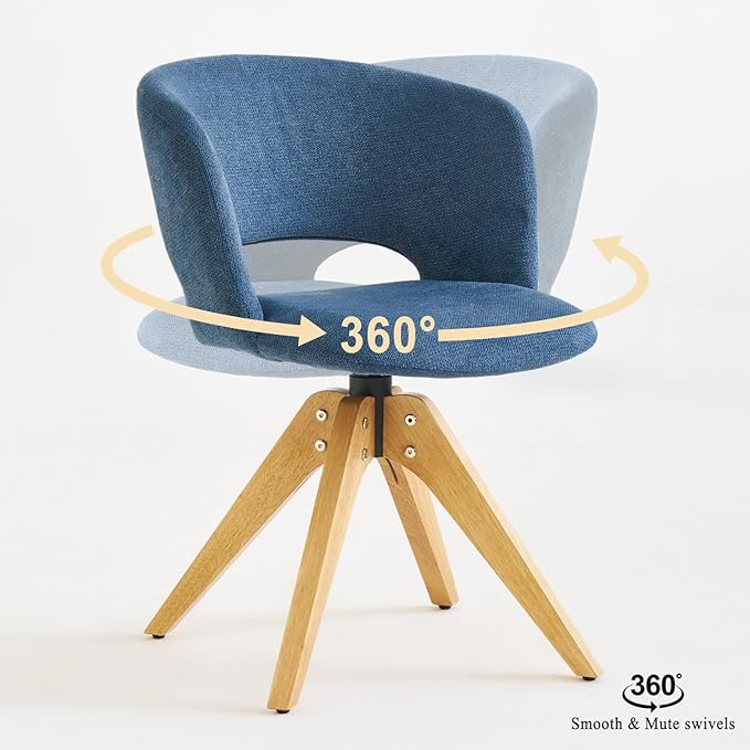Mid Century Modern Swivel Accent Chair with Solid Wood Legs, Home Office Desk Chair No Wheels, Makeup Chair for Vanity, Upholstered Chair for Bedroom, Blue
