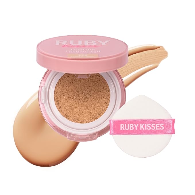 Ruby Kisses Cushion Foundation, Full Coverage Korean Makeup, Lightweight & Long Lasting, All Day Natural Glowy Finish for All Skin Types with Hyaluronic Acid & Bakuchiol (Natural Beige, 0.52 Ounce)