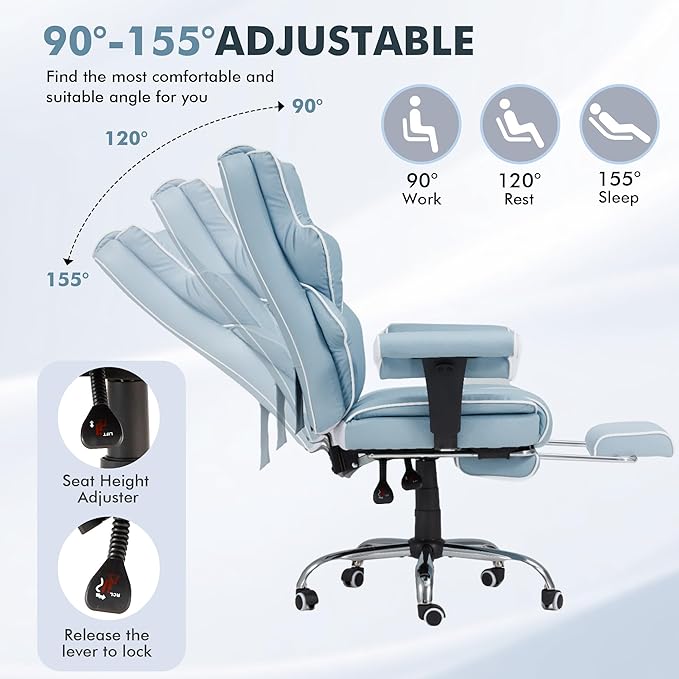 HOMREST 6-Point Massage Executive Chair,Heat Office Chair,Ergonomic Home Office Desk Chairs with Retractable Footrest and Reclining Function,Leather Computer Chair with Adjustable Armrest(‌Airy Blue)