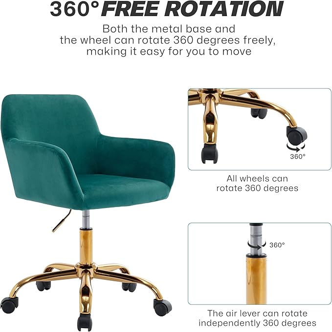 KCC Velvet Office Desk Chair, Comfy Swivel Modern Leisure Armchair with Wheels, Upholstered Comfy Velvet Fabric Makeup Chair Height Adjustable for Teens Women Girls Elegant Home Office, Green
