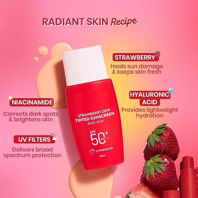 Generic Strawberry Dew Tinted Sunscreen SPF 50+ Pa++++ - | Protection Against UA/UB | Broad Spectrum, Water & Sweat resistant | For All Skin Types | 50ml - 01 Porcelain