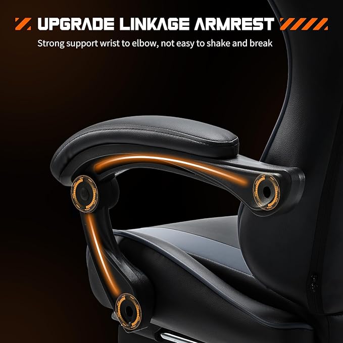 NEWBULIG Computer Gaming Desk Chair - High Back Ergonomic Lumbar Support with Footrest and Headrest, Comfy PU Leather Recliner with Linkage Armrest, Height Adjustable and 360° Swivel, Grey