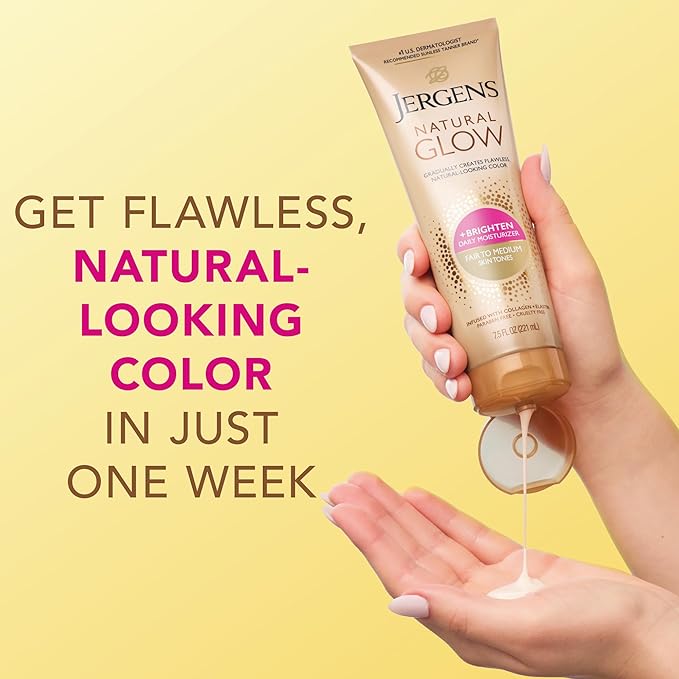 Jergens Natural Glow Self Tanner Body Lotion, Sunless Tanning, Fair to Medium Skin Tone, Daily Moisturizer with Coconut Oil, Vitamin E and Antioxidants, 7.5 Oz