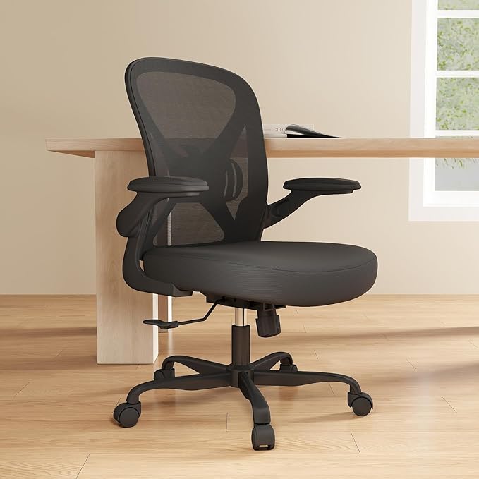 Mesh Office Chair with Adjustable Lumbar Support and Flip-up Arms, Ergonomic Home Office Desk Chair with Wheels, Black