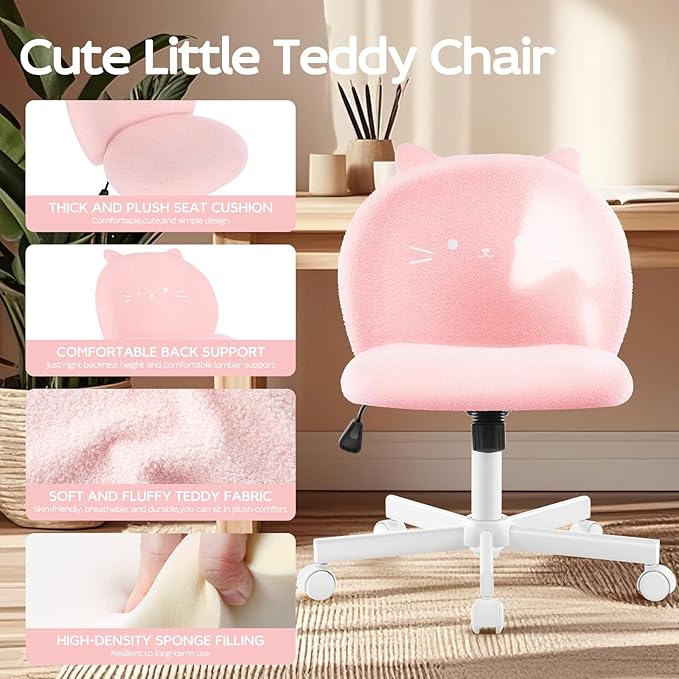 Vanity Chair with Cat Back,Armless Desk Chair Cute Small Office Chair,Teddy Fabric Computer Chair with Adjustable Height,120°Tilting,Rolling,Swivel for Vanity,Kids Room,Office,Bedroom Pink