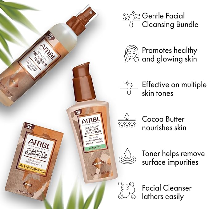 Facial Gift Set with Ambi Dry and Combination Skin Products, Includes Cocoa Butter Cleansing Bar, Pore Minimizing Toner, Complexion Facial Cleanser and Satin Bonnet