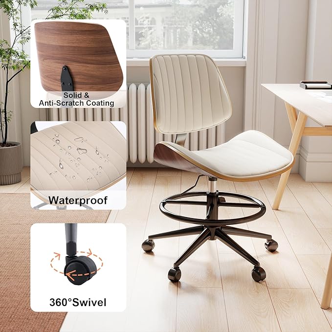 Drafting Chair, Ergonomic Office Chair with Walnut Wood Back Support, Armless PU Leather Desk Chair with Height-Adjustable, Thick Cushion for Home, Bar, Drafting, Office (Beige)