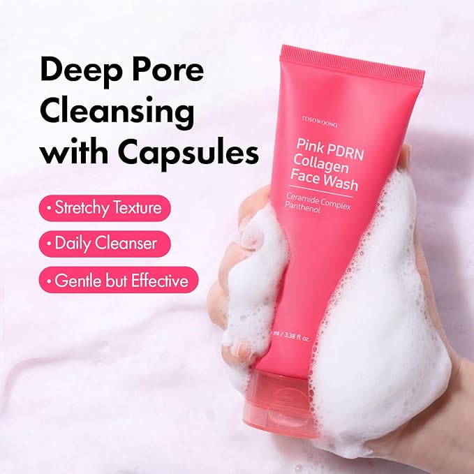 TOSOWOONG Pink PDRN Collagen Face Wash, Mochi Whip with Capsules for Gentle Blackhead & Pore Care, Hydrating & Rejuvenating with Salmon DNA PDRN, 7 Collagens, Korean Skincare, 100ml / 3.38 fl. oz.