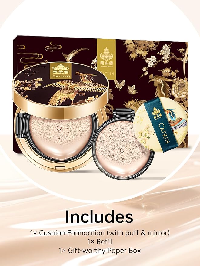 Catkin Phoenix Cushion Foundation Buildable Coverage Anti-Aging Serum Makeup, Sheer Satin Finish, Refill Included, Light Beige 0.46 Oz x 2, C02 IVORY