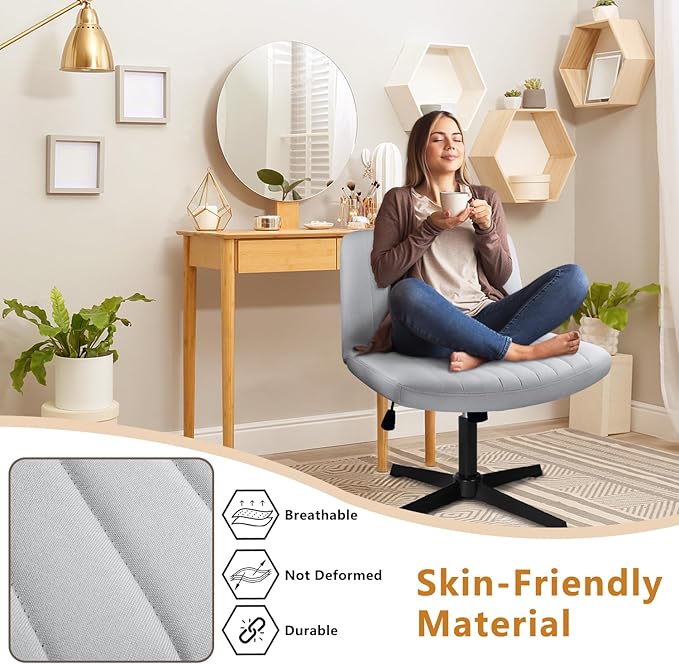 Criss Cross Chair, Armless Cross Legged Office Vanity Chair, Comfortable Fabric Wide Swivel Criss Cross Desk Chair for Home Office, Height Adjustable Vanity Criss Cross Chair with Back, Grey