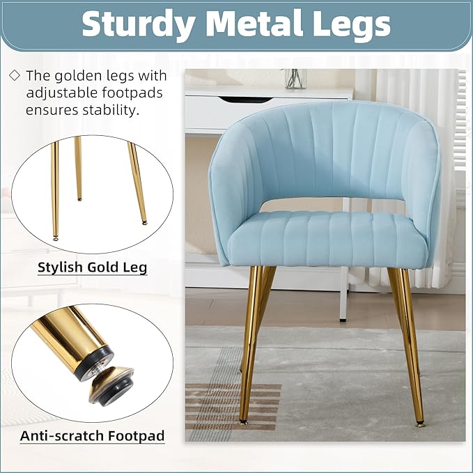 ABET Desk Chair with No Wheels, Velvet Home Office Armchair Gold Legs, Upholstered Modern Accent Chairs, Side Chair for Living Room Bedroom Vanity, Light Blue