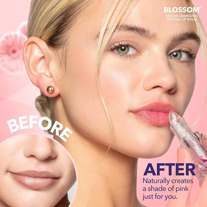 Blossom Lip Gloss Moisturizing pH Lip Balm, Strawberry Scented Color Changing Shimmering Lip Stain Tint, Infused with Real Flowers, 3g, Crystal