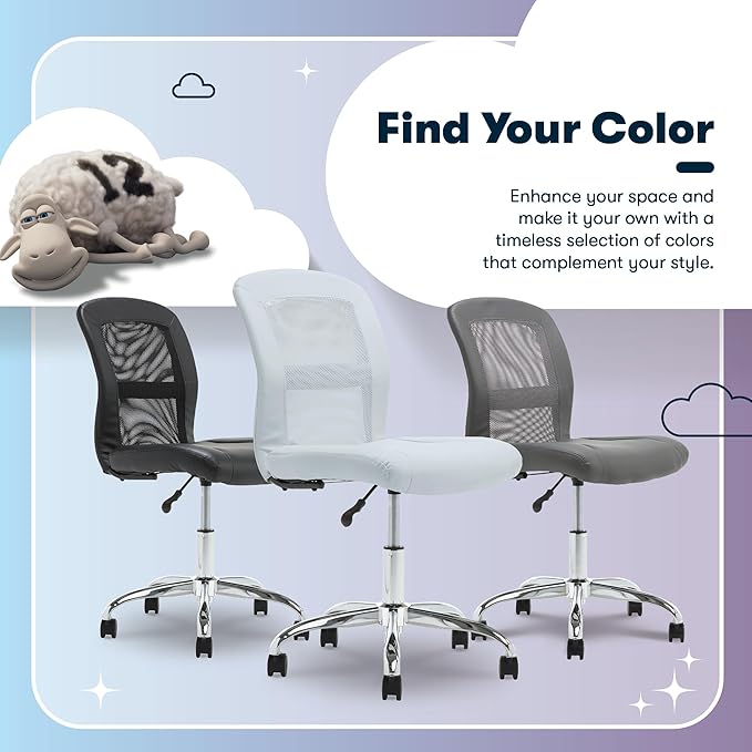 Serta Essential Armless TaskChair, Small Desk Chairs with Wheels, Breathable Mesh Back and Faux Leather, Quality Foam Cushion Seat for Comfort, Minimal Design for Vanity Table, Sky Blue