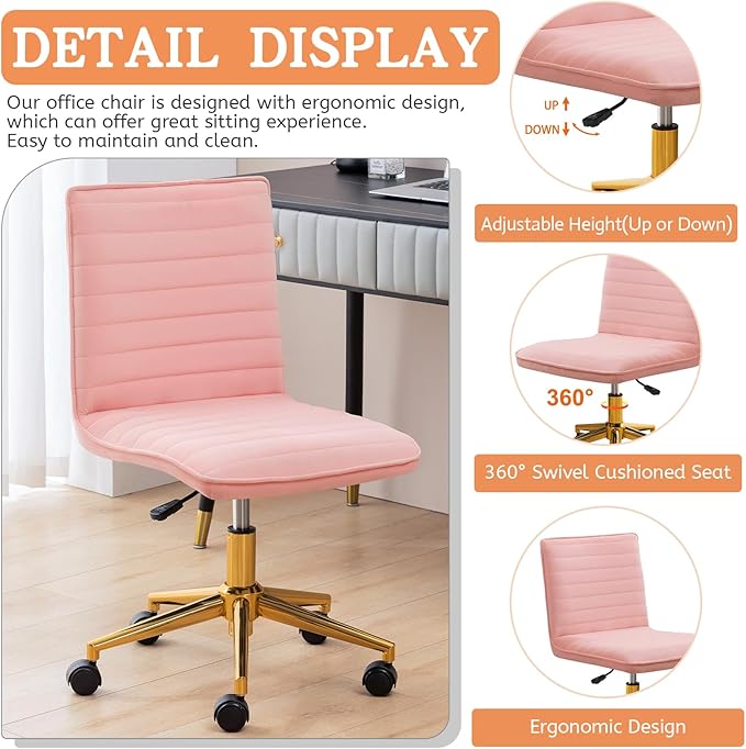Furniliving Armless Vanity Chair with Wheels, Computer Rolling Desk Chair with Back, Pink Office Chair with Height Adjustable Soft Velvet Fabic Gold Metal Base Stool,Pink