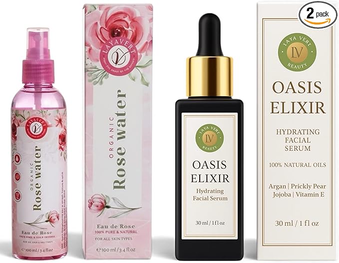 Organic Moroccan Anti-Aging, Hydration Duo Face Serum 1 fl oz + Organic Rose Water 3.4 fl oz Argan, Prickly Pear, Jojoba, Vitamin E, Wrinkle Care, Firming Glow for Dry Skin