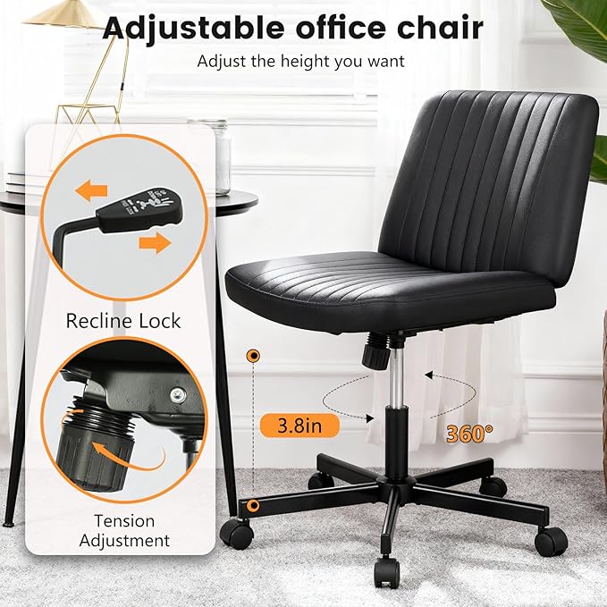 FDW Criss Cross Chair with Wheels Cross Legged Office Desk Modern Swivel Height Adjustable Wide Seat Computer Task Vanity Chair Comfy Fabric Armless Seating for Home Office