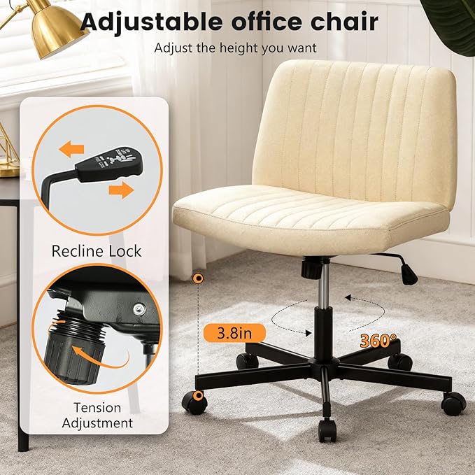 FDW Criss Cross Chair with Wheels Cross Legged Office Desk Modern Swivel Height Adjustable Wide Seat Computer Task Vanity Chair Comfy Fabric Armless Seating for Home Office
