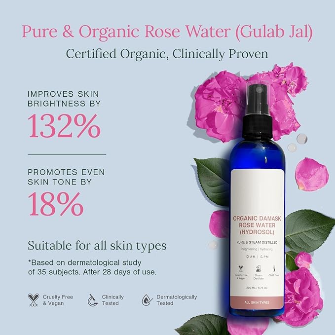 Rose Water (Hydrosol), 200 ml | Face Toner for Glowing, Brighter and Hydrated Skin | Made with Bulgarian Damask Roses - Clinically Tested