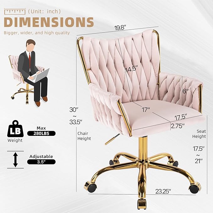 Westice Velvet Desk Chair, Home Office Gold Comfy Chair with Hand Woven Back, Height Adjustable Swivel Chair with Comfy Upholster for Makeup Vanity Living Room Bedroom, Light Pink