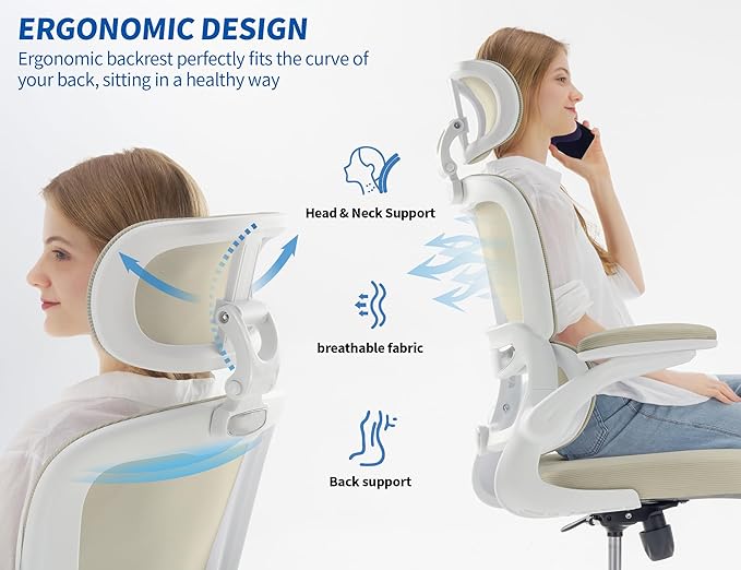TRALT Ergonomic Office Chair - Desk Chair with Adjustable Headrest Lumbar Support Computer Chair - Mesh Comfy Chair with Flip-up Armrests - Gaming Chairs for Adults Home Office (Leather, Beige)
