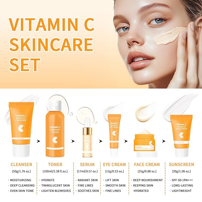Skin Care Set, Vitamin C Facial Kit for Women, Face Skin Care Kit with Facial Cleanser, Face Serum, Face Cream, Eye Cream, Toner, Sunscreen for Hydrating Skin