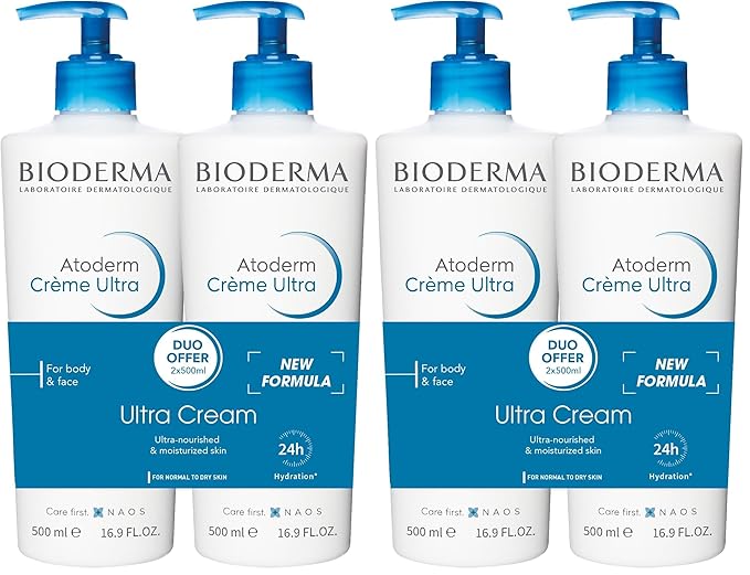 Bioderma Atoderm Ultra Cream Duo Pack,Hydrating Body Moisturizer for Normal to Dry Sensitive Skin 16.9 Fl Oz,(Pack of 4)
