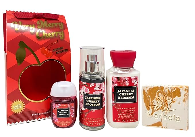 Bath & Body Works Japanese Cherry Blossom Very Merry Cherry Travel Gift Set - Fine Fragrance Mist - Body Lotion - Hand Gel - with a Peach Gardenia Sample Soap - Travel Size