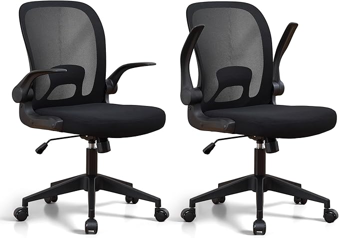 IPKIG Foldable Office Chair for Small Spaces | Home Office Folding Desk Chairs with Wheels and Flip Up Arms | Ergonomic Mesh Computer Chair for Adults & Kids(2PCS Black)