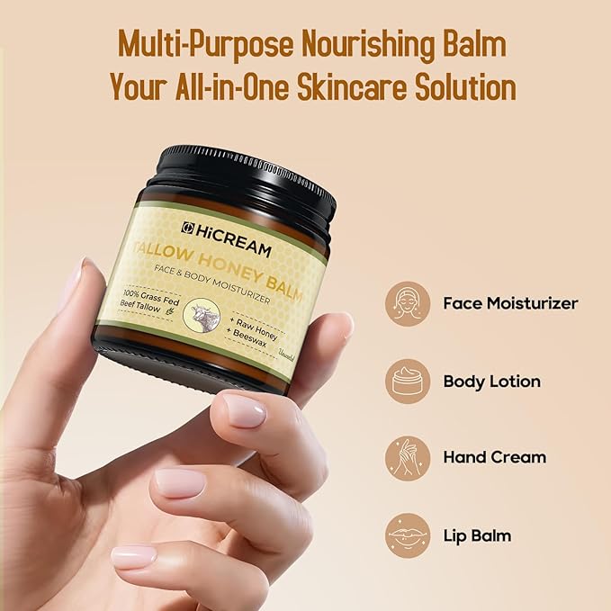Beef Tallow for Skin, Beef Tallow and Honey Balm, 100% Organic Grass-Fed Beef Tallow, Face & Body Moisturizer for Dry, Cracked, Sensitive Skin - Handmade - Natural Formula (4 Oz, Unscented)