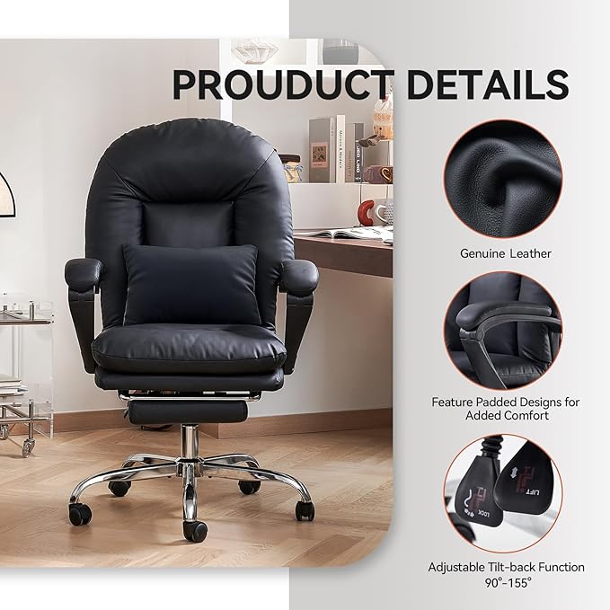 EMIAH Office Chair with Foot Rest Criss Cross Chair with Wheels Ergonomic Reclining Executive Office Chair Mid Back Genuine Leather Swivel Computer Chairs Lumbar Support for Home Office (Black)