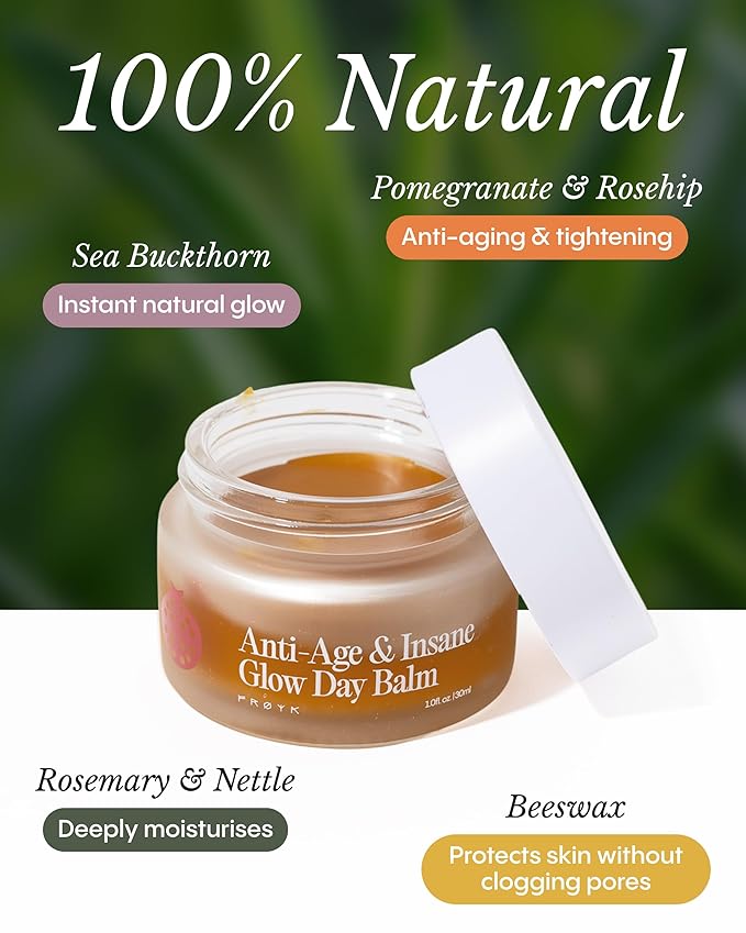 FRØYA Organics Anti-Age & Insane Glow Day Balm | Younger Skin and Instant Glow Results | Rosehip Pomegranate Sea Buckthorn Beeswax | Water Free Daily Moisture Balm | 30ml