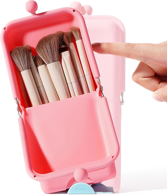APT 1101 Makeup Brush Holder Travel Cosmetic Bag with Suction Base, Portable Cosmetic Organizer for Travel & Home, Organizer for Brushes, Beauty Tools & Accessories (Coral)