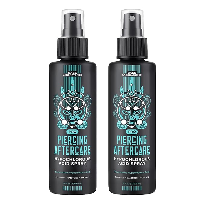 BASE LABORATORIES Piercing Aftercare Hypochlorous Acid Spray PRO - 8 OZ | Saline Solution Piercing Aftercare - Saline Spray for Ear Piercings, Bumps & Keloids | Ear, Nose, Belly - 2PK