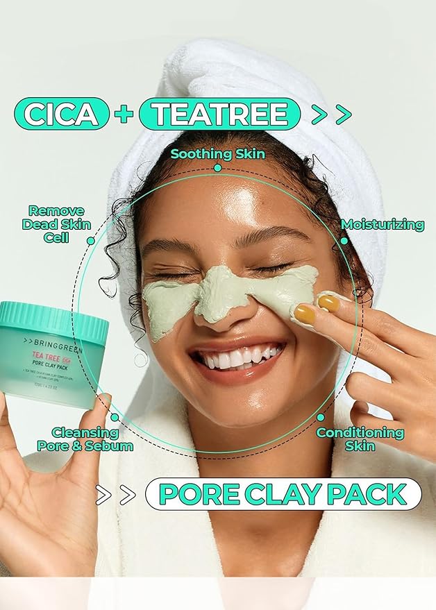 BRING GREEN Tea Tree Cica Pore Clay Pack | Vegan Deep Pore Cleansing Clay Mask, for Pore Purifying, Contains Cica & Tea tree for Soothing & Relieving Stressed Skin 4.23 oz.