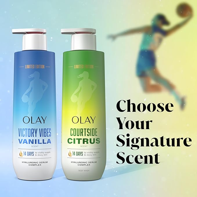 Olay Body Wash for Women, WNBA, Intensely Hydrating, Hyaluronic Acid Serum, Hydration On/Off Court, Improves Moisture Barrier, Vitamin B3 Complex, All Skin Types, Victory Vibes Vanilla Scent, 20 fl oz