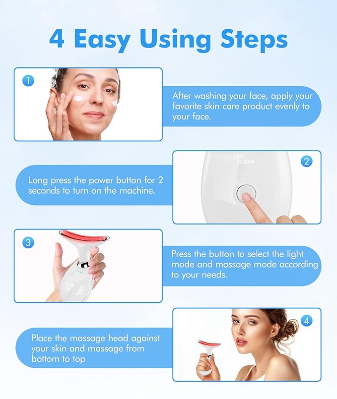 Red Light Therapy for Face and Neck, 7 Color Face Massager Tool for Wrinkles, Double Chin, Vibrating Facial Massager with Thermals for Skin Care, Gifts for Women Men, Glossy White