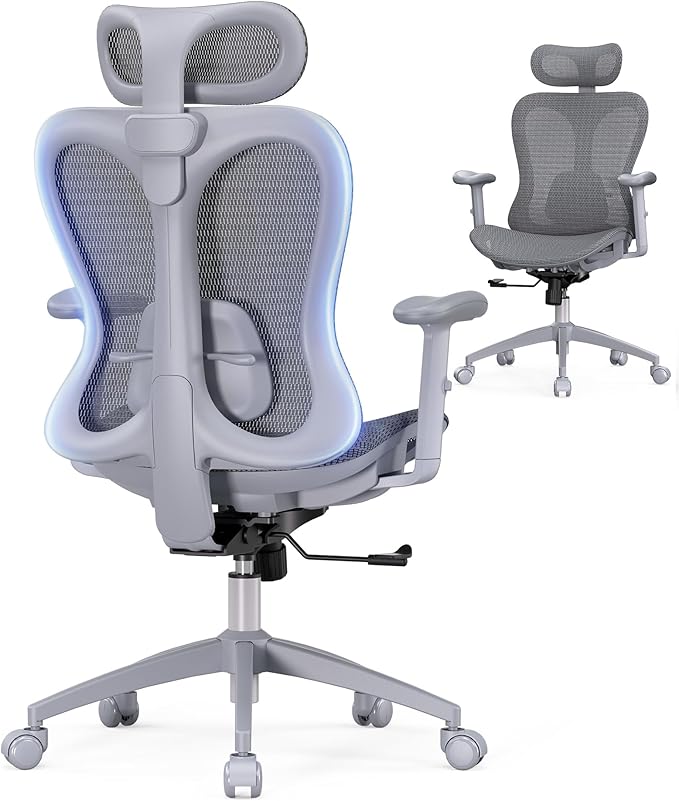 Ergonomic Office Desk Chair, Comfortable Computer Gaming Chair, Breathable Mesh Back & Seat, Adjustable Armrest & Headrest, Lumbar Support, Butterfly Design for Home Office, Gray