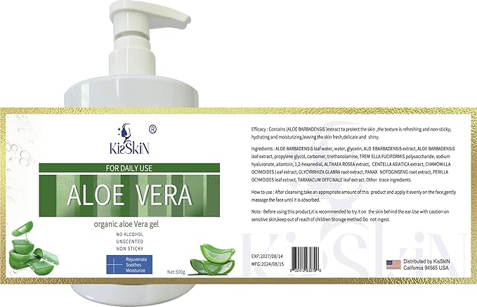 Organic Aloe Vera Gel, 100% Pure Soothing Moisturizer And Hydrating Gel, Fast Absorbing, For Face,Body,Hair,Skin,Scalp And Sunburn Relief, No Alcohol, Big 500ML Pump Bottle.