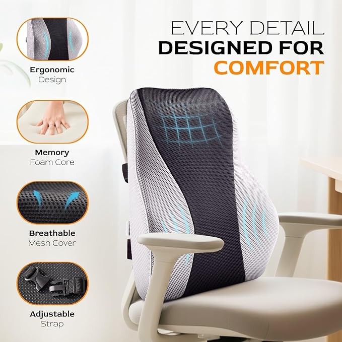 Extra Dense Lumbar Pillow with Double Adjustable Straps - Ergonomic Lumbar Support Pillow for Office Chair, Car, Couch Firm Back Support for Lower Back & Spine Pain Relief Memory Foam Cushion