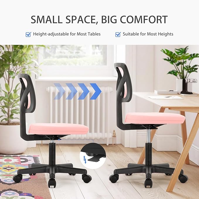 NEWBULIG Home Office Desk Chair, Armless Ergonomic Swivel Computer Chair with Wheels, Adjustable Height and Low-Back Mesh, Rolling Chair with Lumbar Support and Soft Seat for Small Spaces, Pink