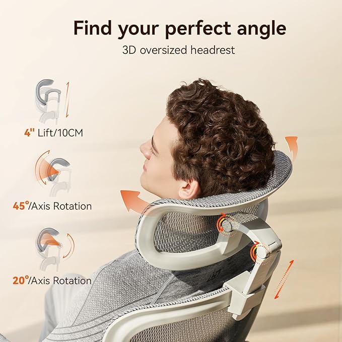 SIHOO B100 PRO Ergonomic Office Chair with Footrest, Mesh Office Chair with Adaptive Lumbar Support, Computer Chair with Wide Headrest, Desk Chair with 360° Rotatable Flip-Up Armrests, Light Grey