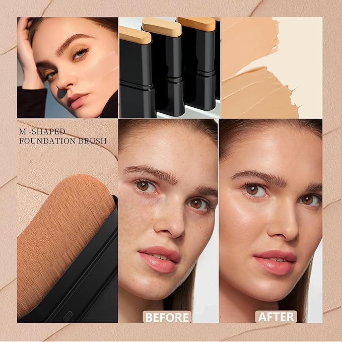 Foundation Stick, 2 in 1 Dual-Ended Long-Lasting Face Contouring Foundation, Concealer Stick with Brush, Full Coverage for Dark Circles & Blemishes, Hydrating Matte Contour Sticks for Face Makeup (04)