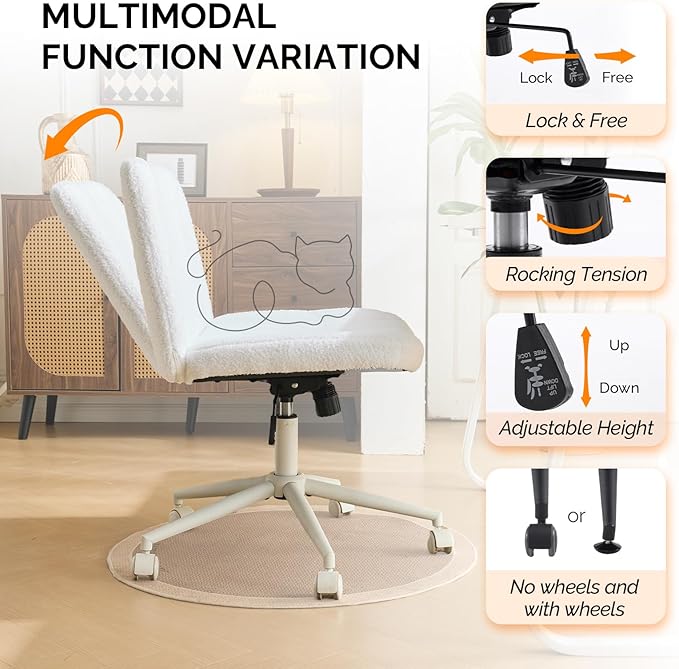 VINGLI Criss Cross Legged Chair,Wide Comfy Office Desk Chair,Dual-Use with/no Wheels Computer Task Chair,Swivel Armless Vanity Boucle Chair for Study,Make Up,Home Office,Teddy Fleece,White
